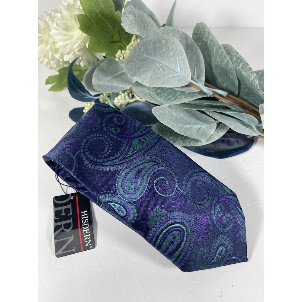 Hisdern Men's Necktie Blue Purple Green Paisley Jacquard Silk Blend Hand Made